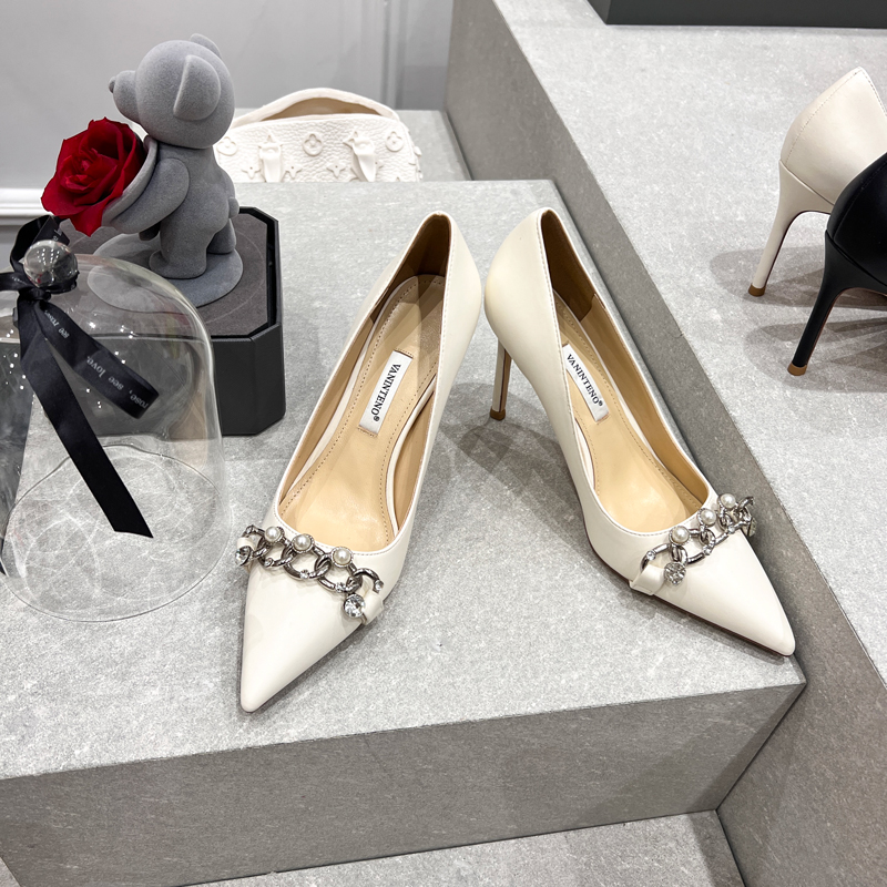 Pointed Toe Genuine Leather White Pearl Chain Buckle High Heel French Single Shoes for Women