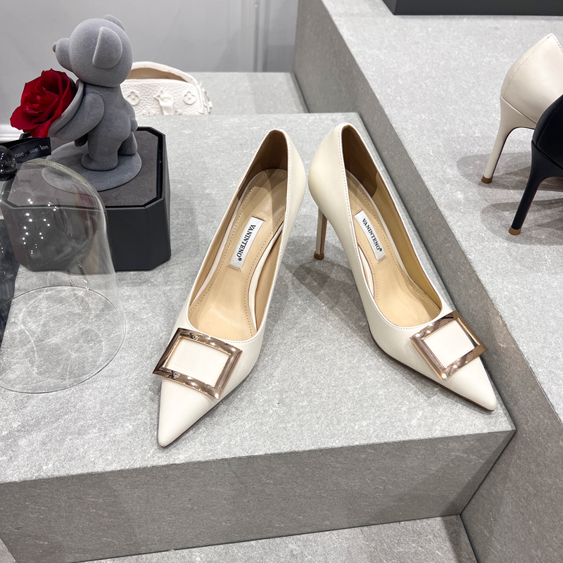 Pointed Toe High-Heeled Shallow Mouth Shoes with Metal Square Buckle - Versatile Women's Footwear for European and American Style