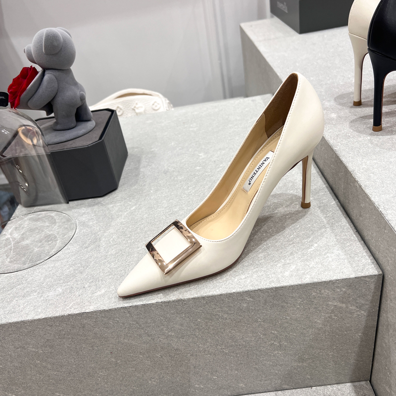 Pointed Toe High-Heeled Shallow Mouth Shoes with Metal Square Buckle - Versatile Women's Footwear for European and American Style