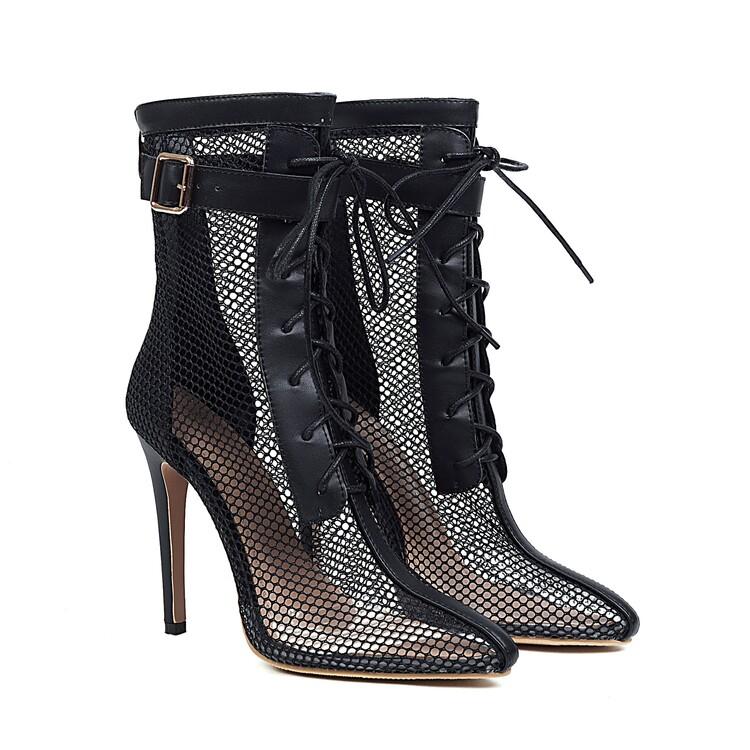 Pointed Toe Mesh Cool Boots for Women - Thin-Heeled Hollow Short Boots, Summer Lace-Up Jazz Dance Sandals, Plus Size Fashion