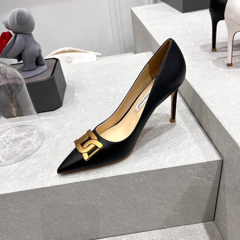 Pointed Toe Metal Square Buckle High Heels - Women's Thin Heel Shallow Mouth Genuine Leather 8cm Niche Single Shoes