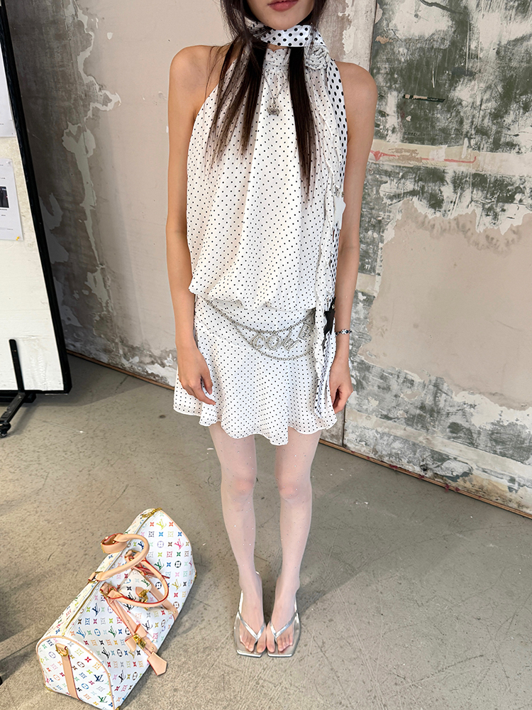 Polka Dot Halter Neck Short Dress with Waist Tie, Unique Design, High-End Feel, Perfect for Summer Parties and Y2K Fashion Polka Dot Halter Neck Short Dress with Waist Tie, Unique Design, High-End Feel, Perfect for Summer Parties and Y2K Fashion