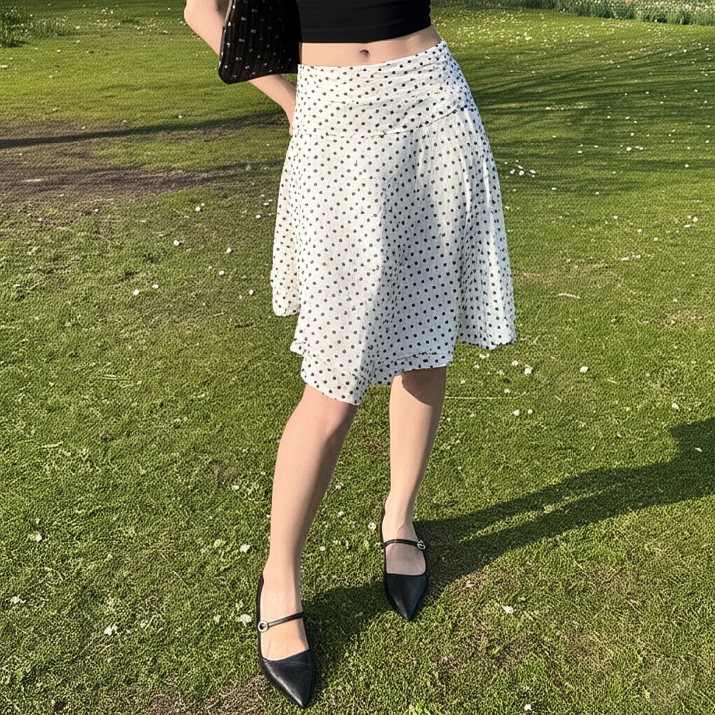 Polka Dot Print Low Waist Irregular Hem Layered Tulle Ruffle Midi Skirt - Sweet Girl Style, French Fashion, Y2K Chic