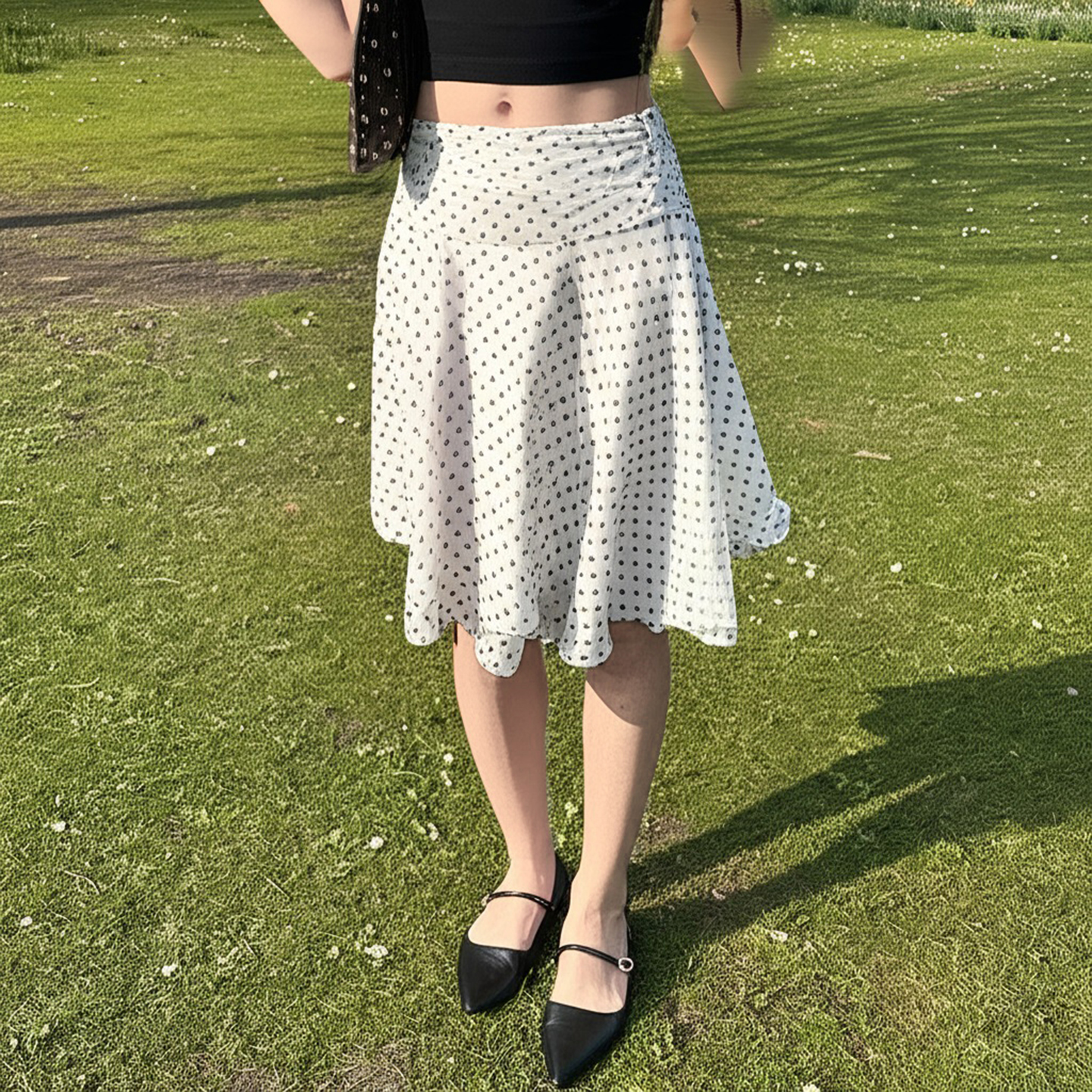 Polka Dot Print Low Waist Irregular Hem Layered Tulle Ruffle Midi Skirt - Sweet Girl Style, French Fashion, Y2K Chic Polka Dot Print Low Waist Irregular Hem Layered Tulle Ruffle Midi Skirt - Sweet Girl Style, French Fashion, Y2K Chic