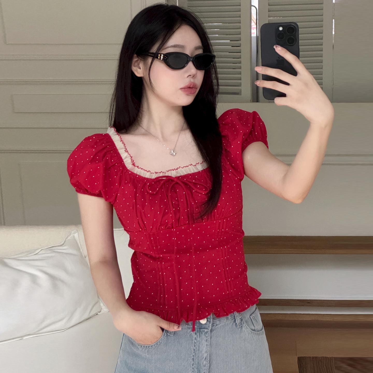 Polka Dot Print Pleated Bust Square Neck Off-Shoulder T-Shirt - Slimming Short Top in Hot Girl Style, Perfect for 90s & Y2K Fashion Polka Dot Print Pleated Bust Square Neck Off-Shoulder T-Shirt - Slimming Short Top in Hot Girl Style, Perfect for 90s & Y2K Fashion