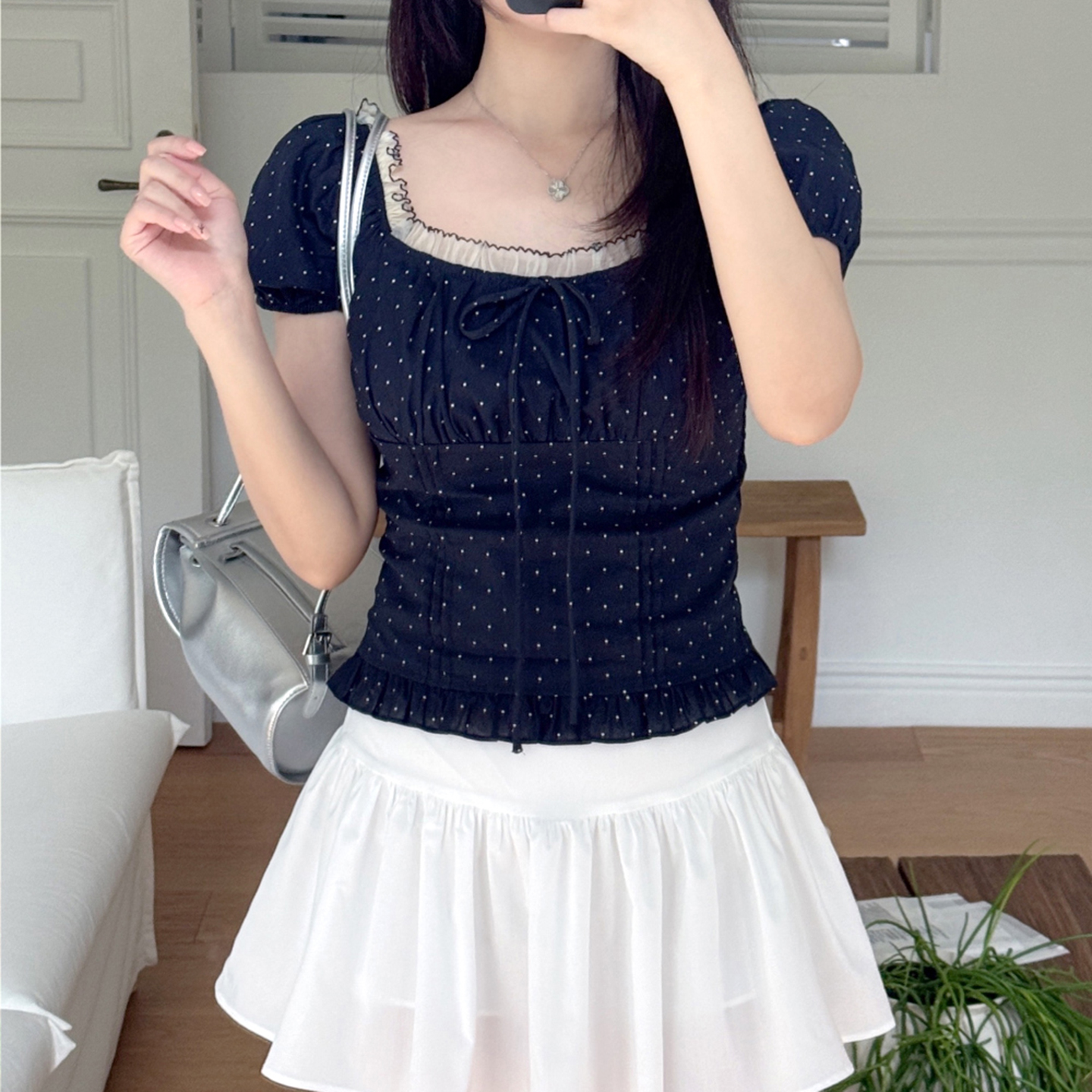 Polka Dot Print Pleated Bust Square Neck Off-Shoulder T-Shirt - Slimming Short Top in Hot Girl Style, Perfect for 90s & Y2K Fashion Polka Dot Print Pleated Bust Square Neck Off-Shoulder T-Shirt - Slimming Short Top in Hot Girl Style, Perfect for 90s & Y2K Fashion