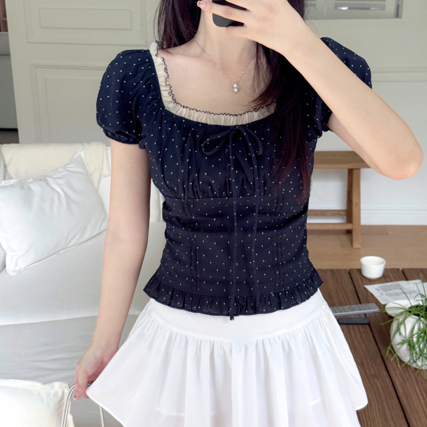 Polka Dot Print Pleated Bust Square Neck Off-Shoulder T-Shirt - Slimming Short Top in Hot Girl Style, Perfect for 90s & Y2K Fashion