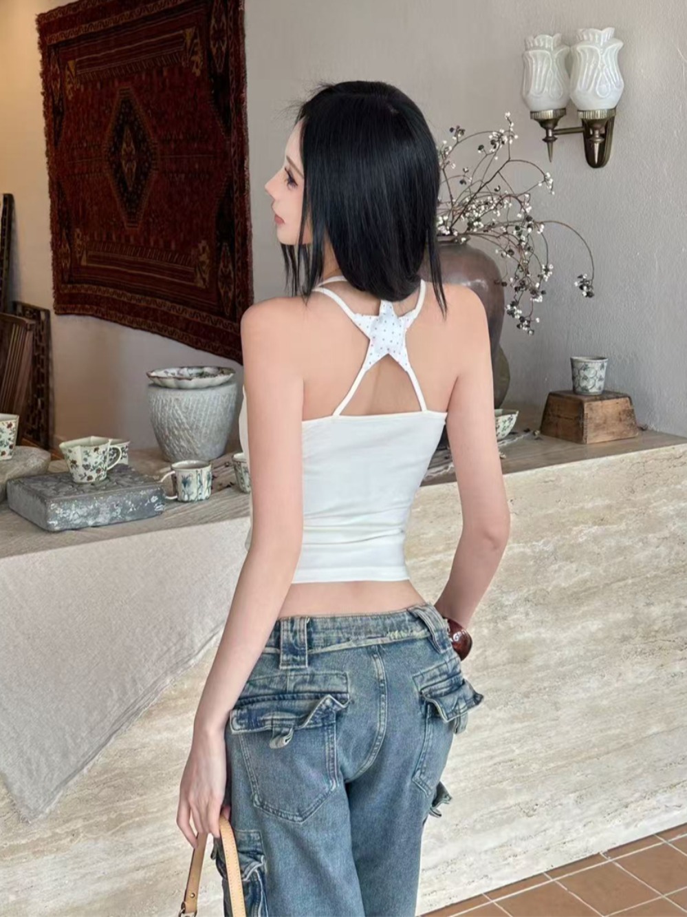 Polka Dot Star Spaghetti Strap Tank Top for Women - Slim Fit Summer Style, Beach Vacation Essential, No Padding