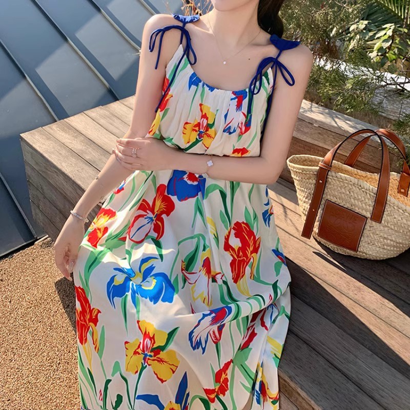 Printed Camisole Dress for Women - Long Beach Skirt for Summer Vacation, Travel, and Hainan Getaways