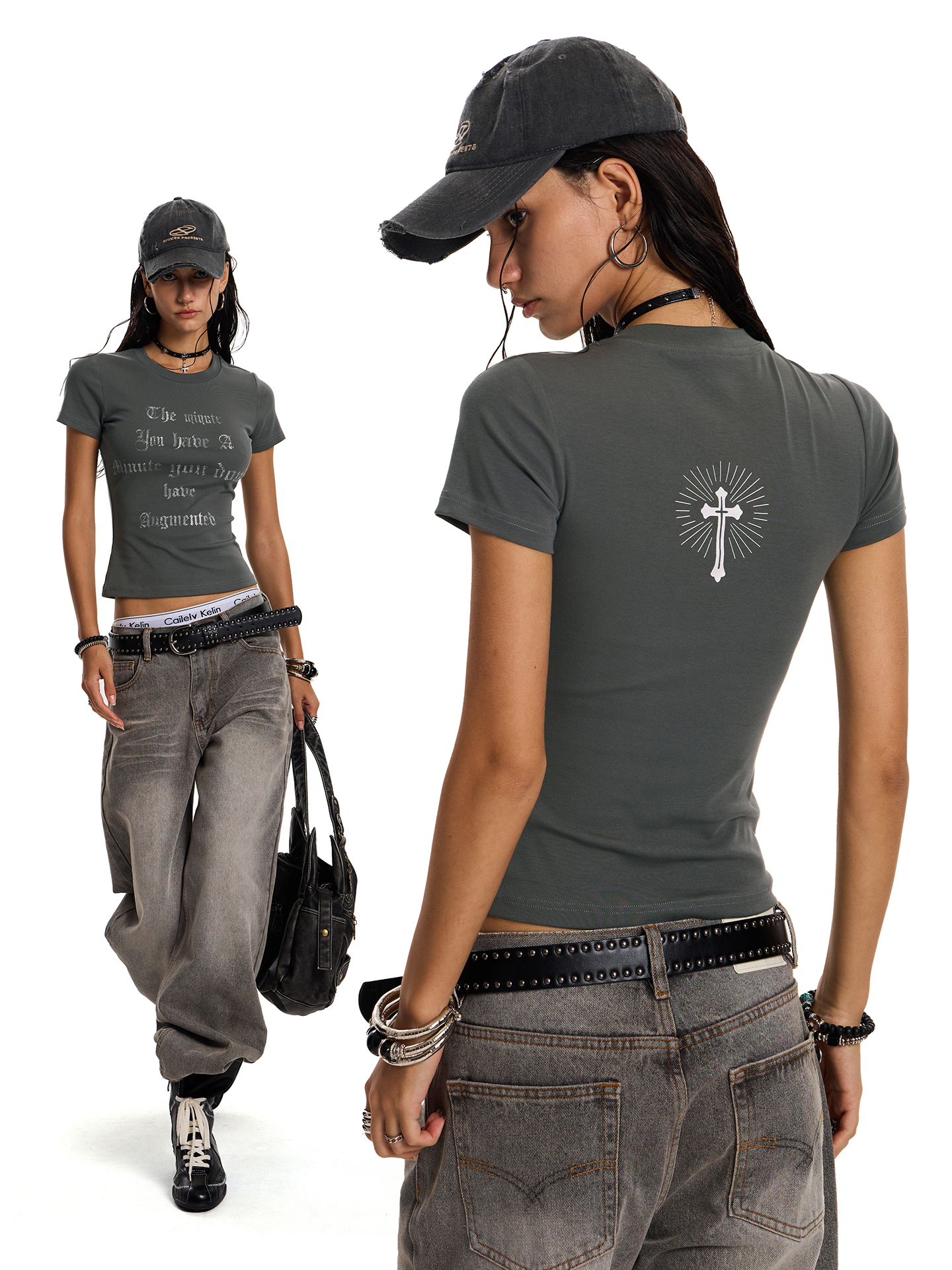 Punk Cross Short Sleeve T-Shirt for Girls, American Retro Street Style, Slim Fit, Trendy Fashion Top Punk Cross Short Sleeve T-Shirt for Girls, American Retro Street Style, Slim Fit, Trendy Fashion Top