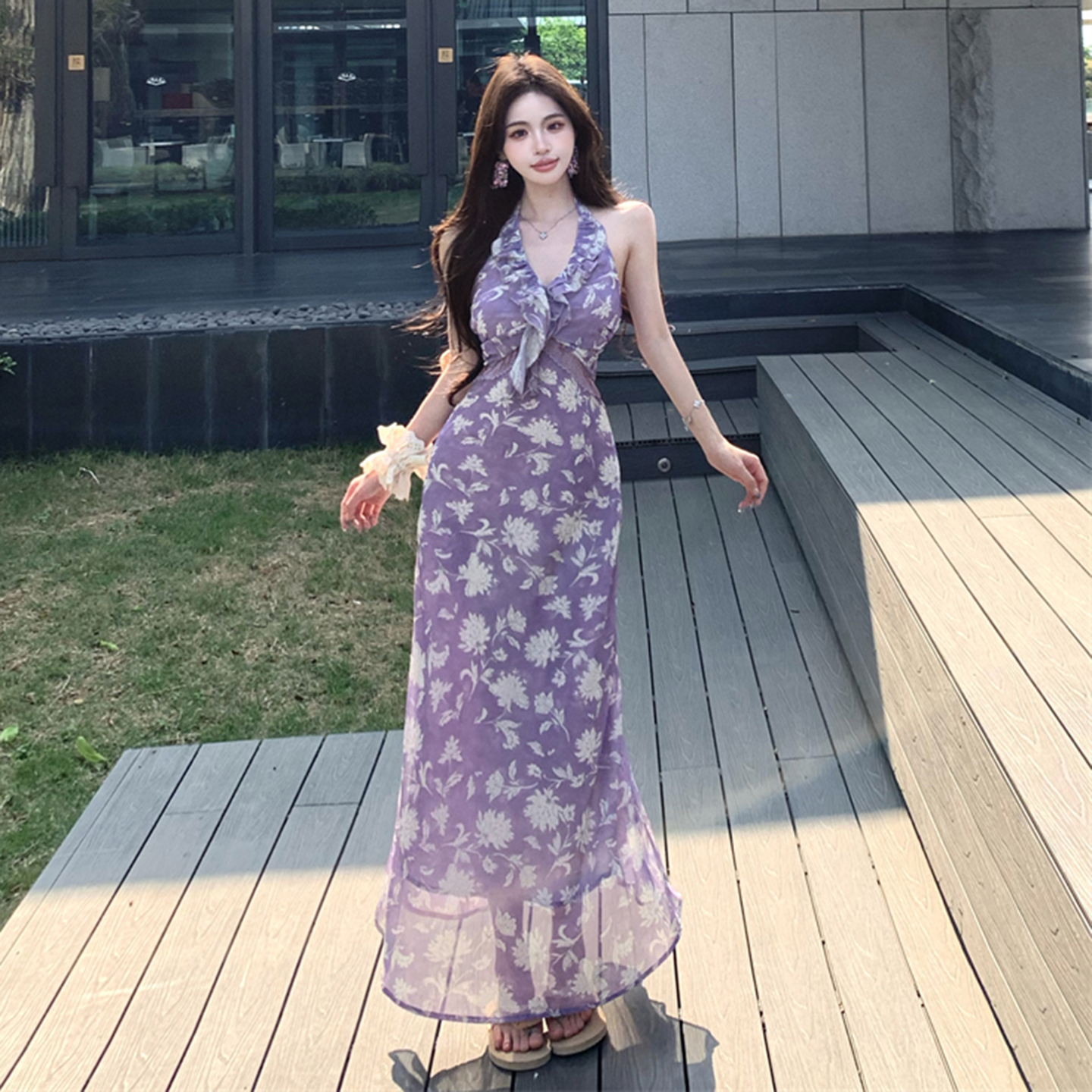 Purple Floral Halter Dress with Draping and Waist Cinching - Romantic Vacation Style Long Dress for Summer - 90s Inspired Fashion Purple Floral Halter Dress with Draping and Waist Cinching - Romantic Vacation Style Long Dress for Summer - 90s Inspired Fashion