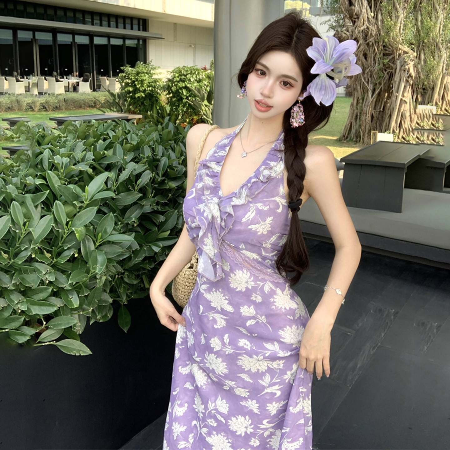 Purple Floral Halter Dress with Draping and Waist Cinching - Romantic Vacation Style Long Dress for Summer - 90s Inspired Fashion Purple Floral Halter Dress with Draping and Waist Cinching - Romantic Vacation Style Long Dress for Summer - 90s Inspired Fashion