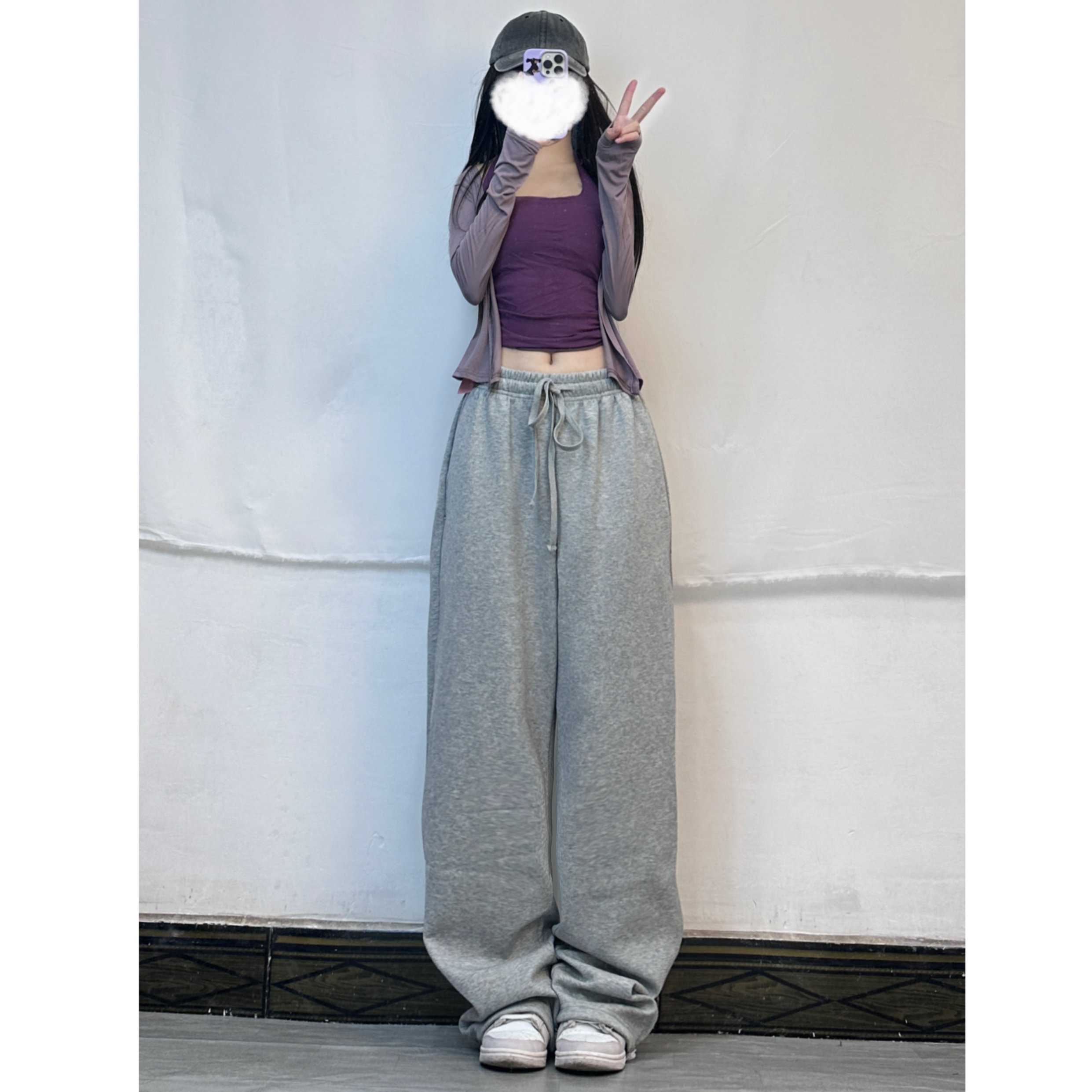 Purple Gray Jazz Dance Set - Kpop Style Loose Slim Fit Top with Long Pants for Women - Trendy Activewear for Dance and Fitness