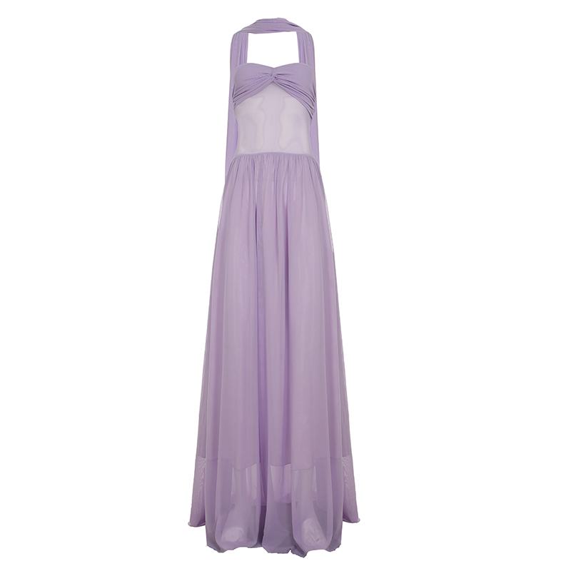 Purple Mesh Strapless Dress with Slim Fit Neckline and Flowing Ribbons - Island Resort Style, Perfect for 90s and Y2K Fashion Lovers Purple Mesh Strapless Dress with Slim Fit Neckline and Flowing Ribbons - Island Resort Style, Perfect for 90s and Y2K Fashion Lovers