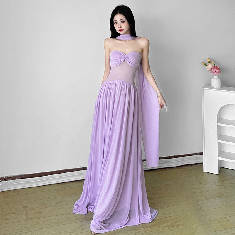 Purple Mesh Strapless Dress with Slim Fit Neckline and Flowing Ribbons - Island Resort Style, Perfect for 90s and Y2K Fashion Lovers