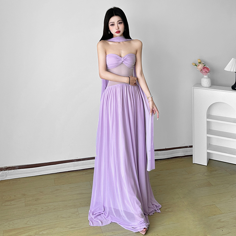 Purple Mesh Strapless Dress with Slim Fit Neckline and Flowing Ribbons - Island Resort Style, Perfect for 90s and Y2K Fashion Lovers Purple Mesh Strapless Dress with Slim Fit Neckline and Flowing Ribbons - Island Resort Style, Perfect for 90s and Y2K Fashion Lovers