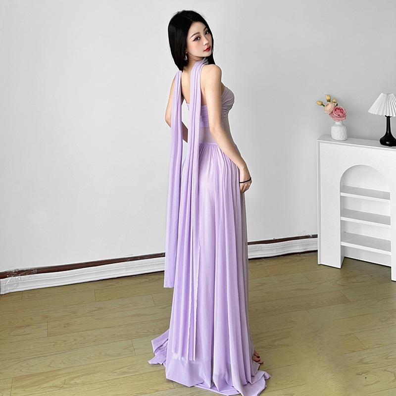 Purple Mesh Strapless Dress with Slim Fit Neckline and Flowing Ribbons - Island Resort Style, Perfect for 90s and Y2K Fashion Lovers Purple Mesh Strapless Dress with Slim Fit Neckline and Flowing Ribbons - Island Resort Style, Perfect for 90s and Y2K Fashion Lovers