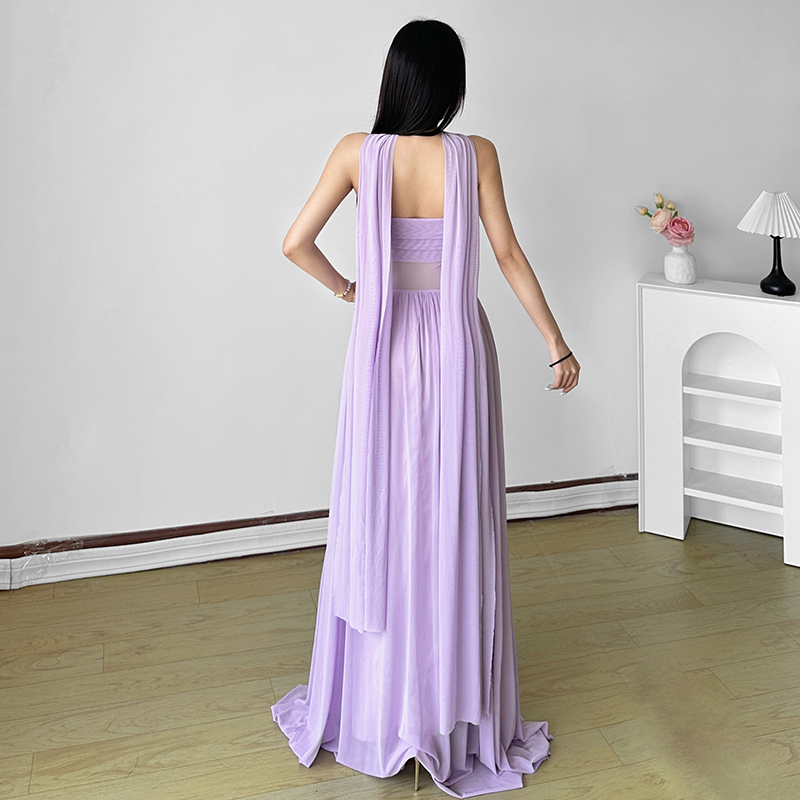 Purple Mesh Strapless Dress with Slim Fit Neckline and Flowing Ribbons - Island Resort Style, Perfect for 90s and Y2K Fashion Lovers