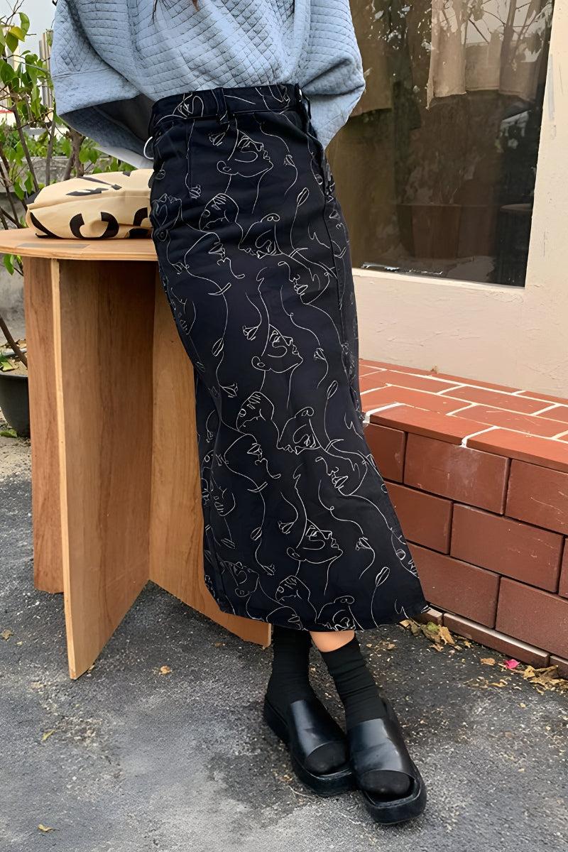 Quick Outfits, Modest Fashion Outfits Ideas Abstract Faces Denim Midi Skirt