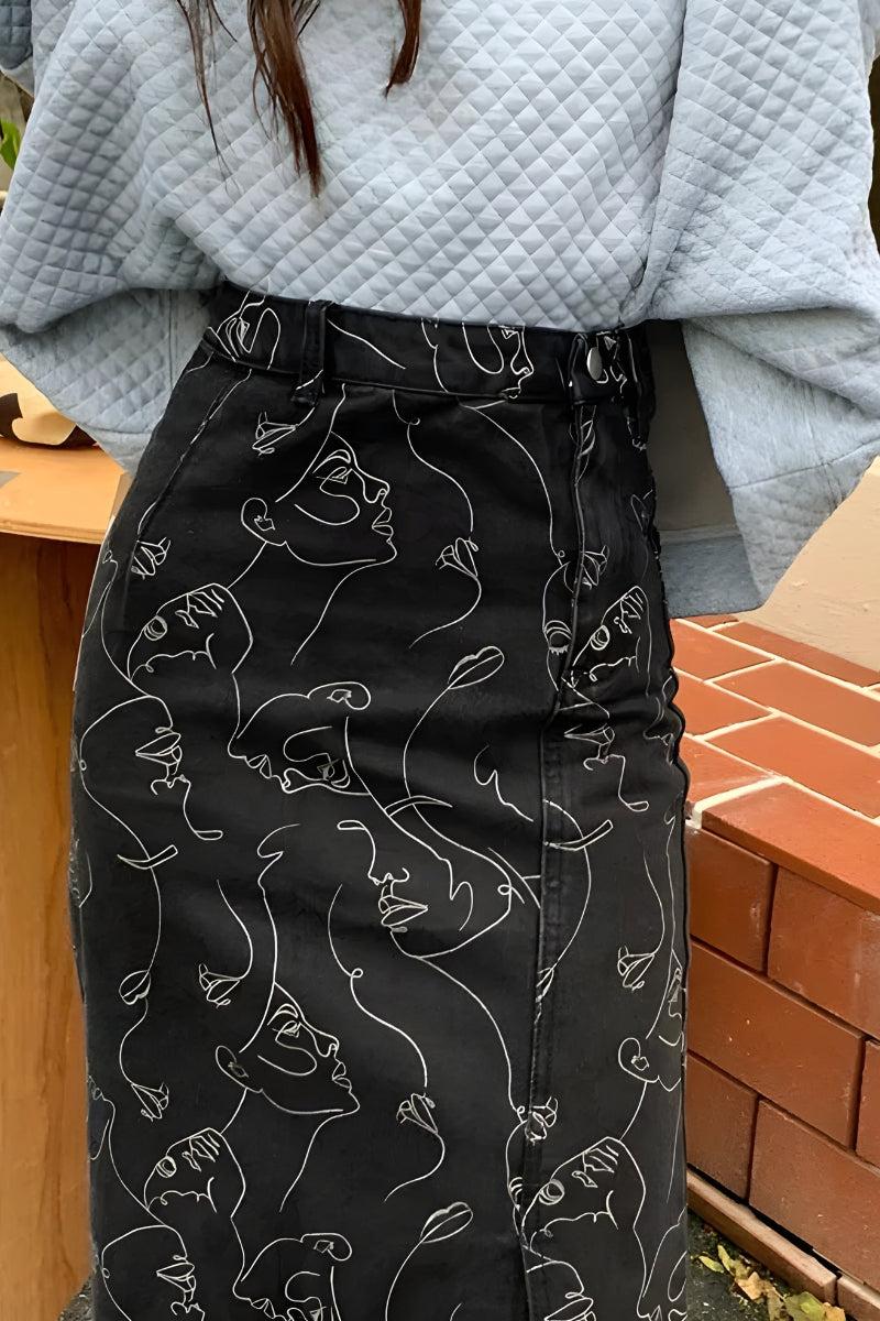 Quick Outfits, Modest Fashion Outfits Ideas Abstract Faces Denim Midi Skirt