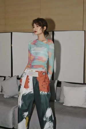 Quick Outfits, Modest Fashion Outfits Ideas Asymmetric Tie Dye Mesh Top