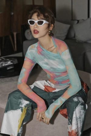 Quick Outfits, Modest Fashion Outfits Ideas Asymmetric Tie Dye Mesh Top