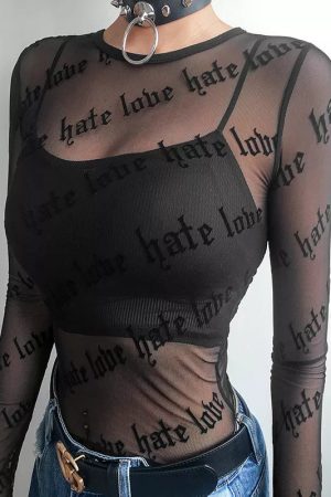Quick Outfits, Modest Fashion Outfits Ideas Baddie Love Hate Sheer Mesh Top