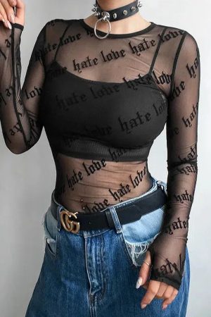 Quick Outfits, Modest Fashion Outfits Ideas Baddie Love Hate Sheer Mesh Top