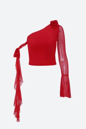 Quick Outfits, Modest Fashion Outfits Ideas Baddie Rose One Shoulder Mesh Top