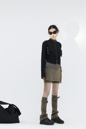 Quick Outfits, Modest Fashion Outfits Ideas Belt Detail Denim Mini Skort With Leg Warmer