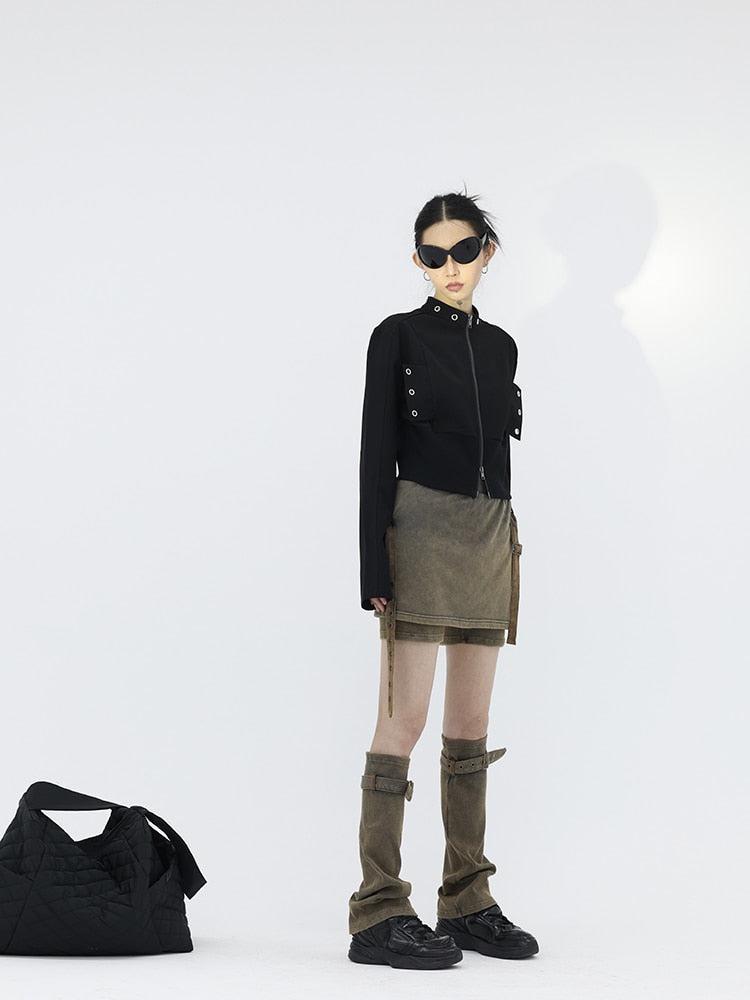 Quick Outfits, Modest Fashion Outfits Ideas Belt Detail Denim Mini Skort With Leg Warmer Quick Outfits, Modest Fashion Outfits Ideas Belt Detail Denim Mini Skort With Leg Warmer