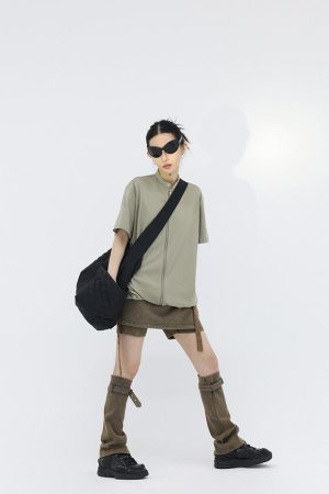 Quick Outfits, Modest Fashion Outfits Ideas Belt Detail Denim Mini Skort With Leg Warmer