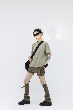 Quick Outfits, Modest Fashion Outfits Ideas Belt Detail Denim Mini Skort With Leg Warmer