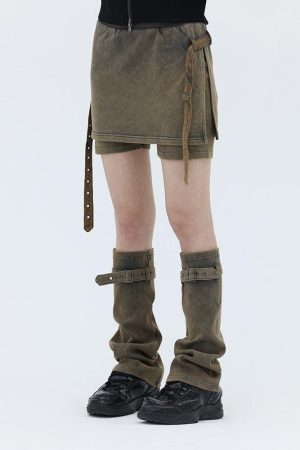 Quick Outfits, Modest Fashion Outfits Ideas Belt Detail Denim Mini Skort With Leg Warmer