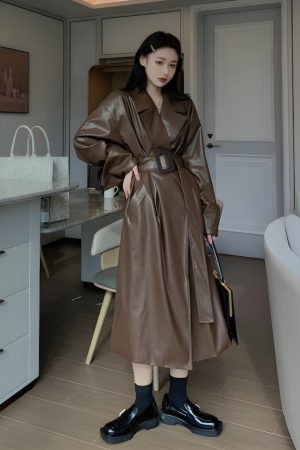 Quick Outfits, Modest Fashion Outfits Ideas Belted Faux Leather Coat
