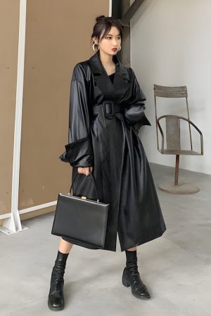 Quick Outfits, Modest Fashion Outfits Ideas Belted Faux Leather Coat