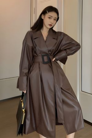 Quick Outfits, Modest Fashion Outfits Ideas Belted Faux Leather Coat