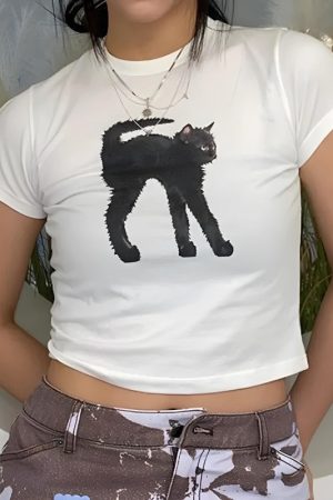 Quick Outfits, Modest Fashion Outfits Ideas Black Cat Crop Tee