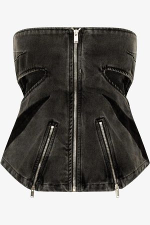 Quick Outfits, Modest Fashion Outfits Ideas Black Denim Tube Top & Patch Jeans Two Piece Set