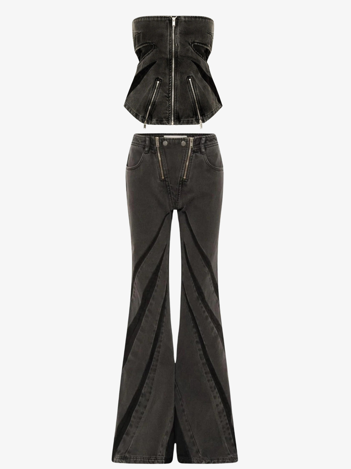 Quick Outfits, Modest Fashion Outfits Ideas Black Denim Tube Top & Patch Jeans Two Piece Set Quick Outfits, Modest Fashion Outfits Ideas Black Denim Tube Top & Patch Jeans Two Piece Set