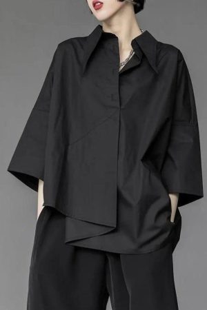 Quick Outfits, Modest Fashion Outfits Ideas Black Korean Asymmetric Shirt