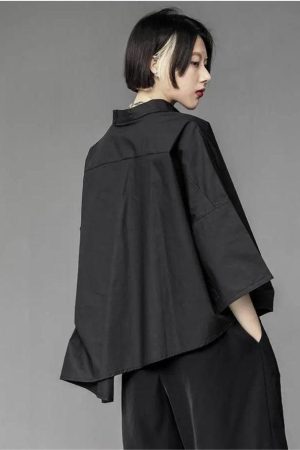 Quick Outfits, Modest Fashion Outfits Ideas Black Korean Asymmetric Shirt