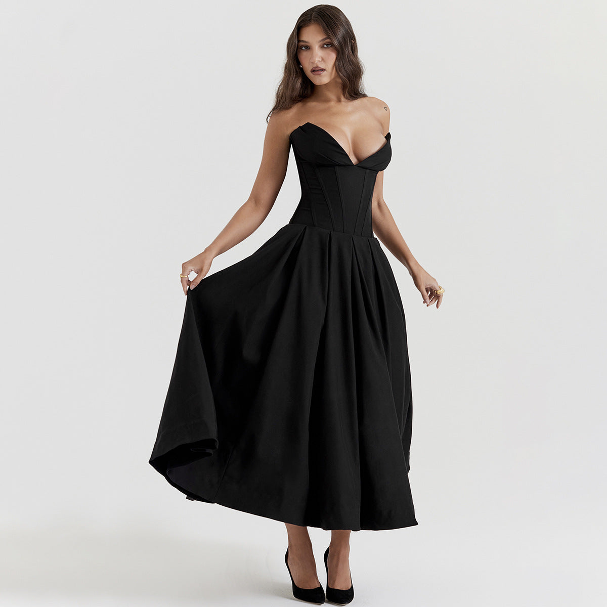 Quick Outfits, Modest Fashion Outfits Ideas Black Plunge Corset Midi Dress Quick Outfits, Modest Fashion Outfits Ideas Black Plunge Corset Midi Dress