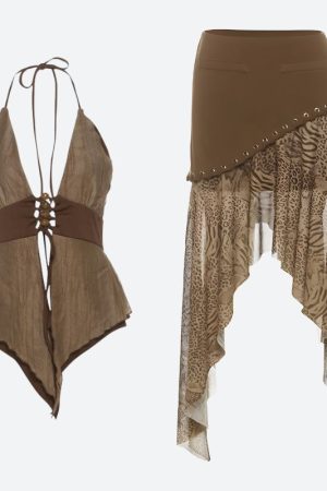 Quick Outfits, Modest Fashion Outfits Ideas Boho Asymmetric Top & Leopard Midi Skirt Two Piece Set