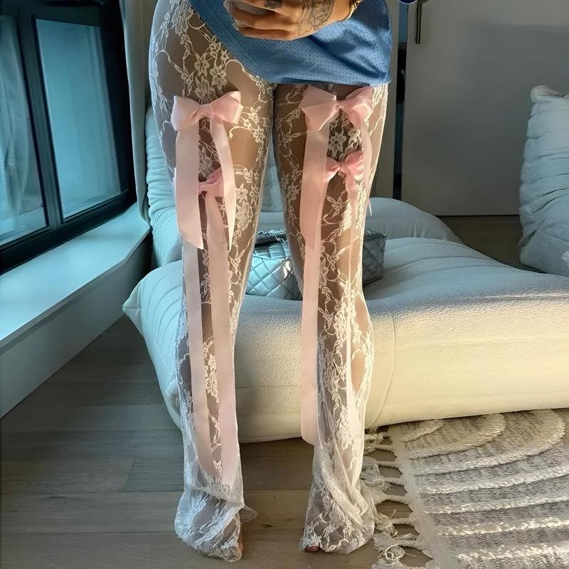 Quick Outfits, Modest Fashion Outfits Ideas Bow Transparent Lace Flare Pants Quick Outfits, Modest Fashion Outfits Ideas Bow Transparent Lace Flare Pants