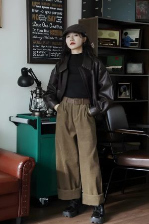 Quick Outfits, Modest Fashion Outfits Ideas Brown Faux Leather Jacket