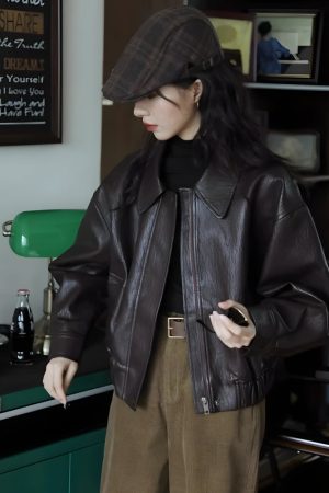 Quick Outfits, Modest Fashion Outfits Ideas Brown Faux Leather Jacket