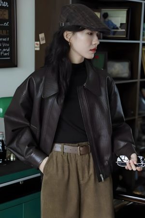 Quick Outfits, Modest Fashion Outfits Ideas Brown Faux Leather Jacket