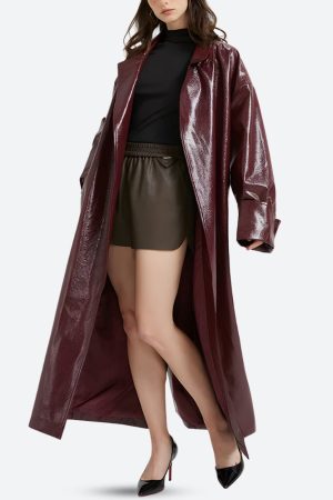 Quick Outfits, Modest Fashion Outfits Ideas Burgundy Faux Leather Coat