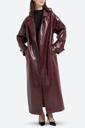 Quick Outfits, Modest Fashion Outfits Ideas Burgundy Faux Leather Coat